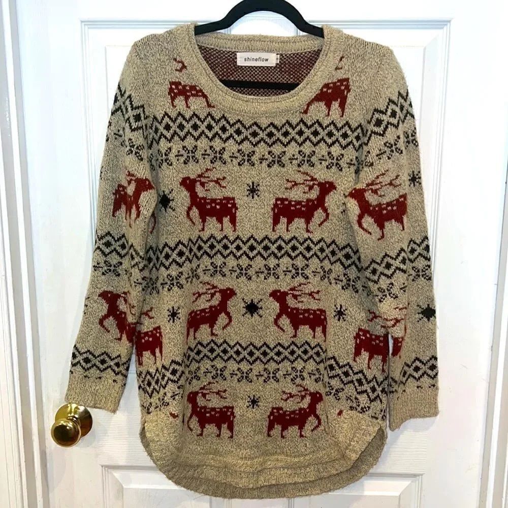 Shineflow Reindeer Patterned Knit Sweater Long Beige Red Small - Picture 3 of 13